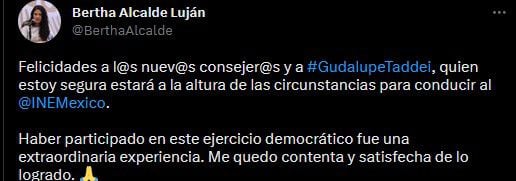 La aspirante a consejera del INE reapareció en redes sociales (Twitter/@BerthaAlcalde)