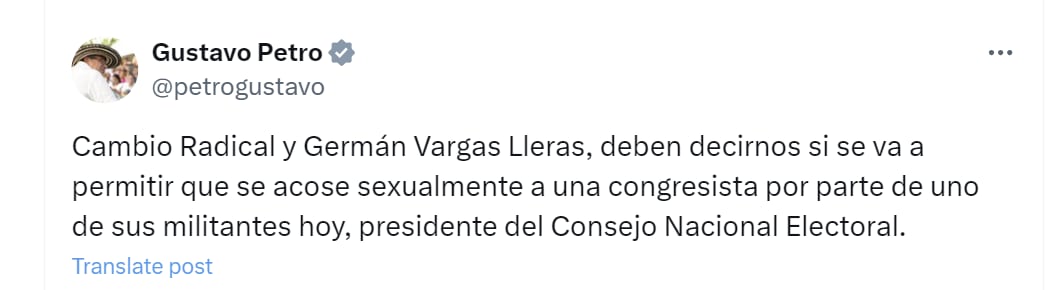 El presidente Gustavo Petro exigió explicaciones a Cambio Radical y a Germán Vargas Lleras por denuncia contra César Lorduy - crédito @petrogustavo/X