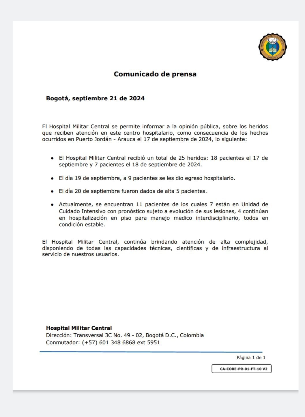 Comunicado del Hospital Militar de Bogotá sobre los heridos en el atentado del ELN en Arauca - crédito Hospital Militar de Bogotá