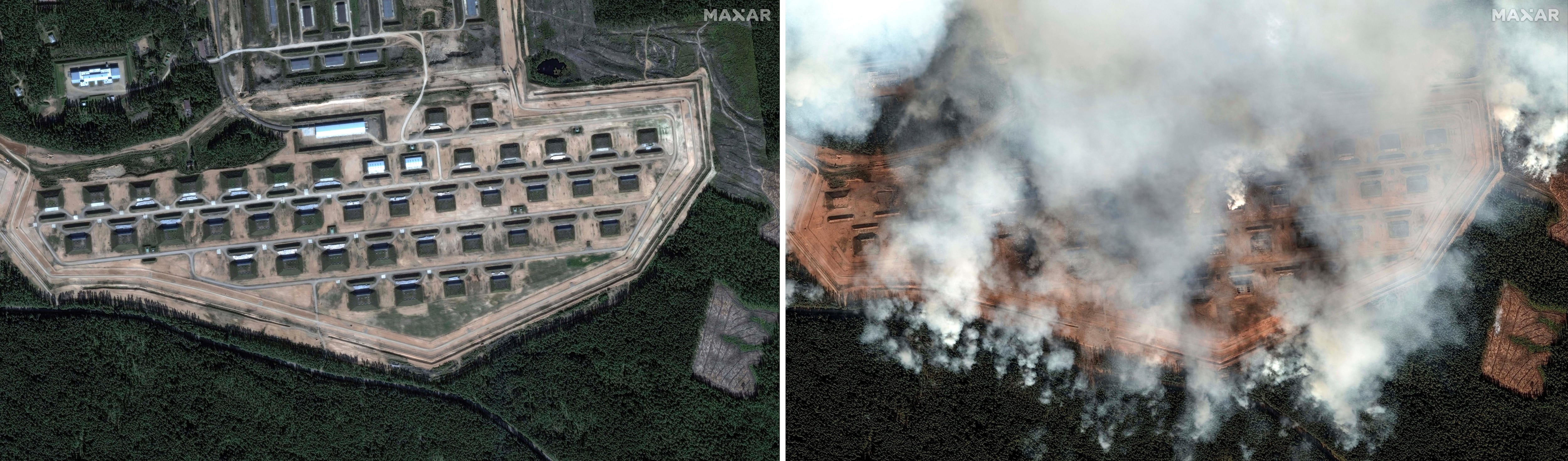 Esta foto combinada muestra dos imágenes de satélite del depósito de municiones en Toropets, Rusia, el sábado 7 de septiembre de 2024, a la izquierda, y el mismo depósito de municiones tras una gran serie de explosiones, el miércoles 18 de septiembre de 2024, a la derecha. (©2023 Maxar Technologies via AP)