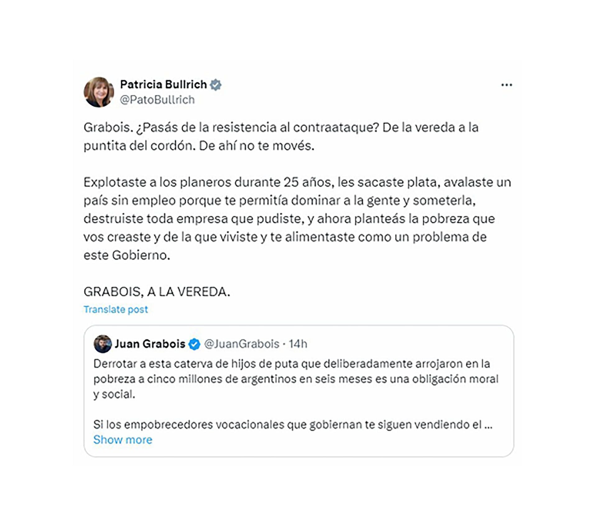 Patricia Bulrrich salió al cruce a las palabras de Grabois