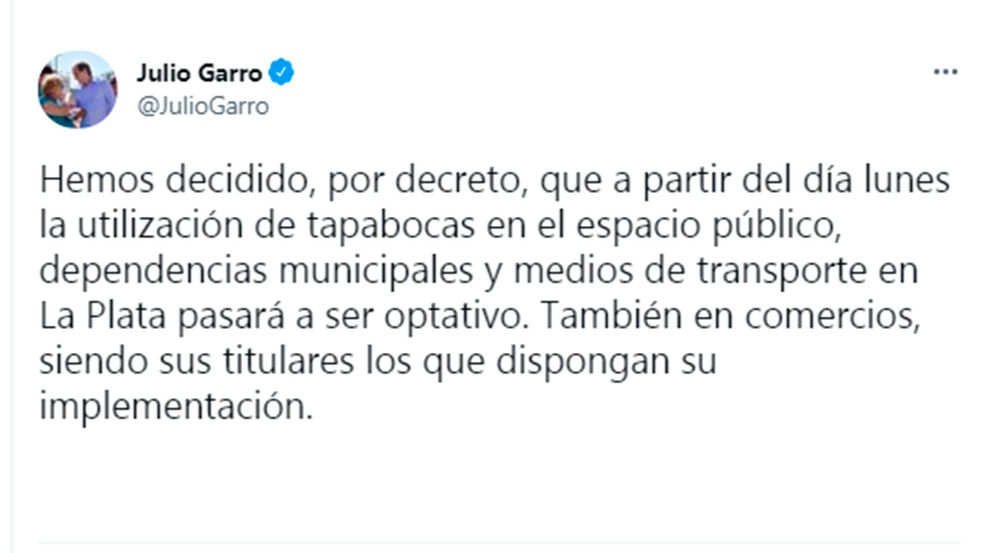 Fio de tweets do prefeito de La Plata Julio Garro