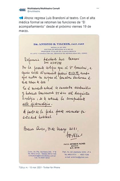 Rottemberg anunció el regreso de Luis Brandoni al teatro en Twitter 