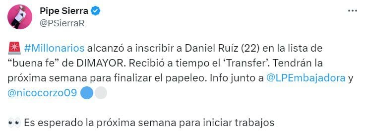 Daniel Ruiz habría sido inscrito por Millonarios en el último día de fichajes en Colombia.