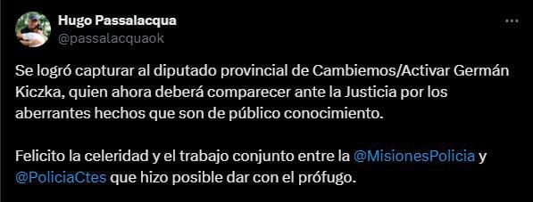 Posteo de Hugo Passalacqua, gobernador de Misiones