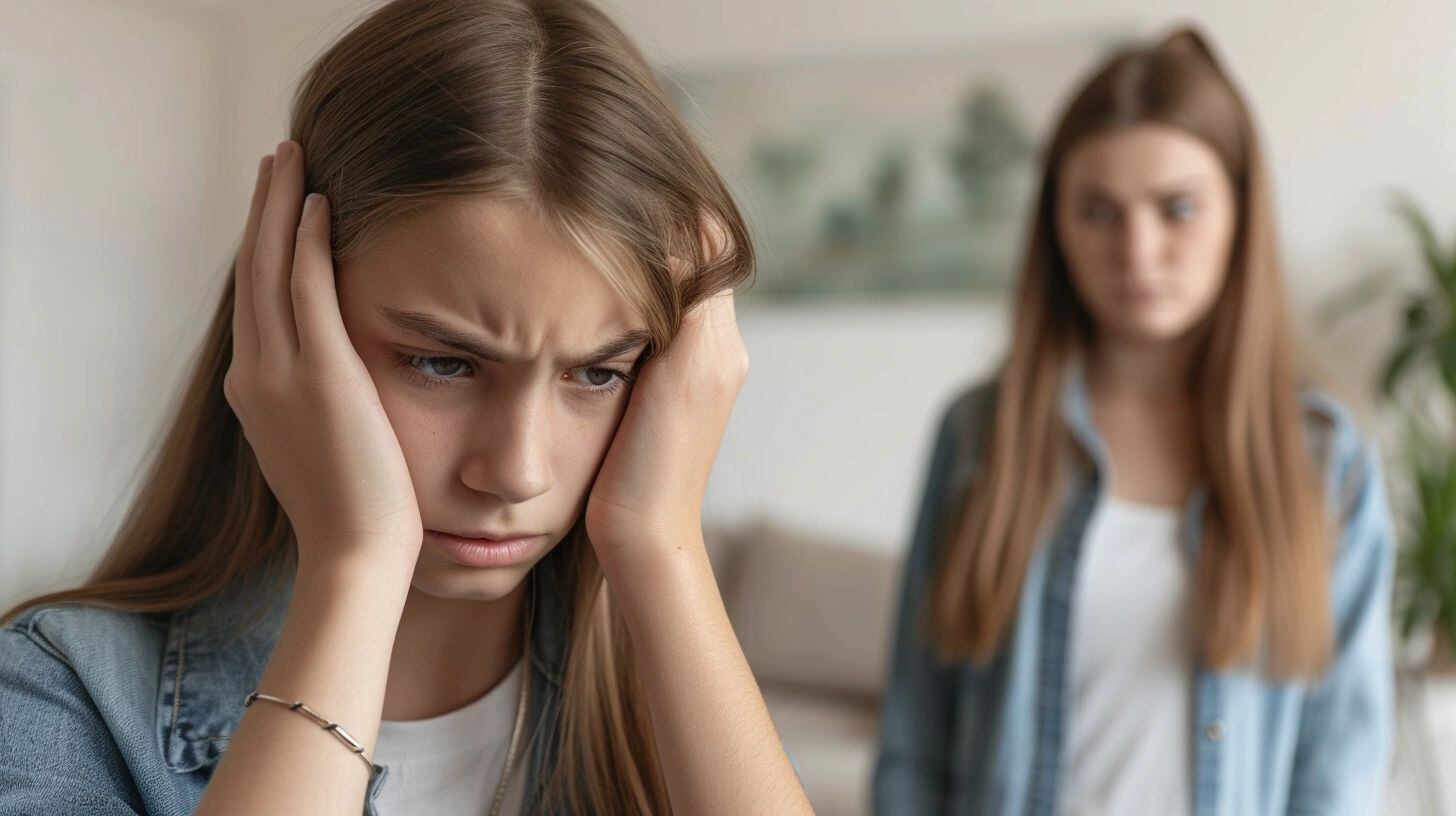 En una escena de la vida cotidiana, una madre señala a su hija, que responde con una mirada de frustración. Este momento representa un desafío en el proceso de crianza, mostrando cómo el enojo puede surgir de malentendidos o diferencias de opinión. La fotografía subraya la necesidad de abordar estos conflictos con empatía y buscar soluciones que fortalezcan la relación parental. (Imagen ilustrativa Infobae)