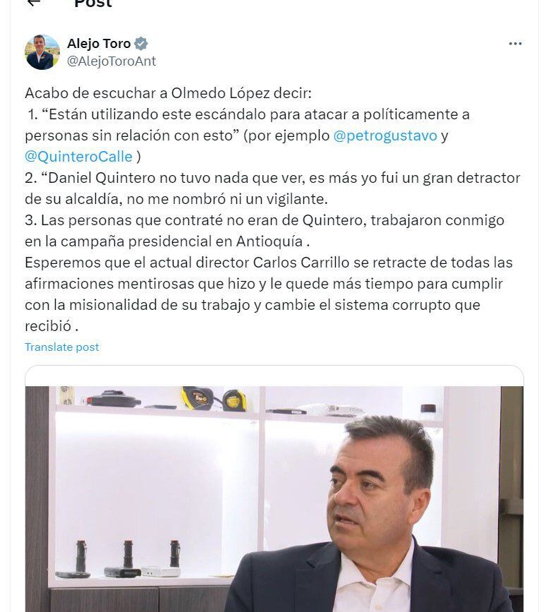 Alejo Toro reaccionó a la más reciente entrevista de Olmedo López - crédito @AlejoToroAnt