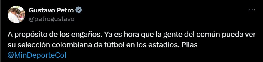 El llamado de Gustavo Petro para que la selección juegue en todos los estadios del país - crédito @petrogustavo/X