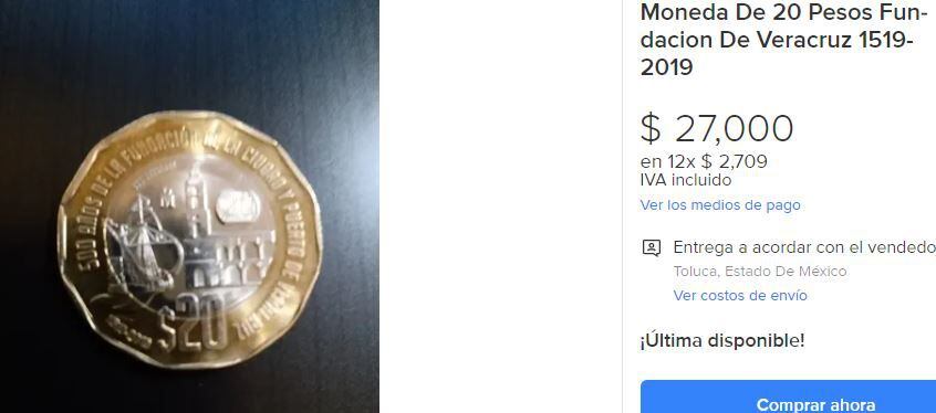 moneda 20 pesos. (Foto: Mercado Libre)