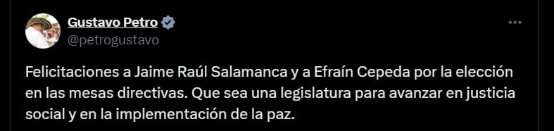 Presidente Petro felicitó a los nuevos presidente del Senado y Cámara de Representantes - crédito @petrogustavo/X