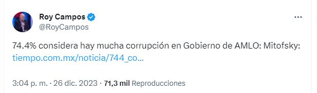 Roy Mitofsky comparte encuesta donde revela que el 74.4% de los mexicanos consideran que hay corrupción en la administración del presidente Andrés Manuel López Obrador (@RoyCampos)