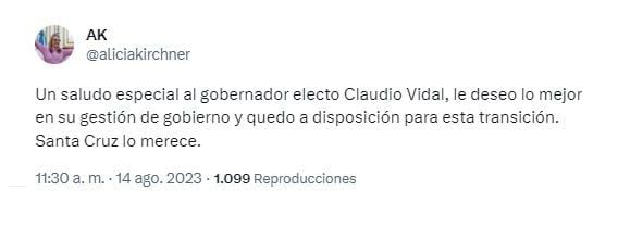 El mensaje de Alicia Kirchner para Claudio Vidal, gobernador electo de Santa Cruz