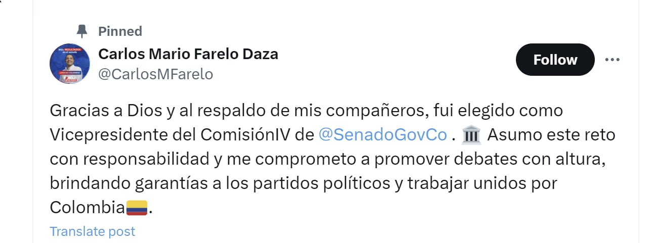 Carlos Mario Farelo fue elegido como vicepresidente de la Comisión Cuarta del Senado - crédito @CarlosMFarelo/X