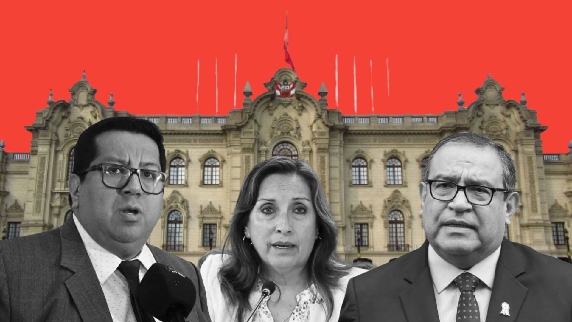 Alex Contreras, Dina Boluarte, Alberto Otárola frente a Palacio de gobierno del Perú con el cielo rojo