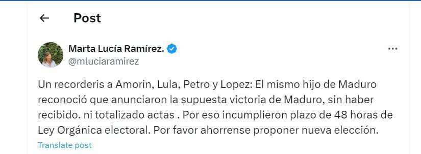 Marta Lucía Ramírez le pidió al presidente de Colombia y otros mandatarios que no propongan una nueva elección en Venezuela - crédito @mluciaramirez