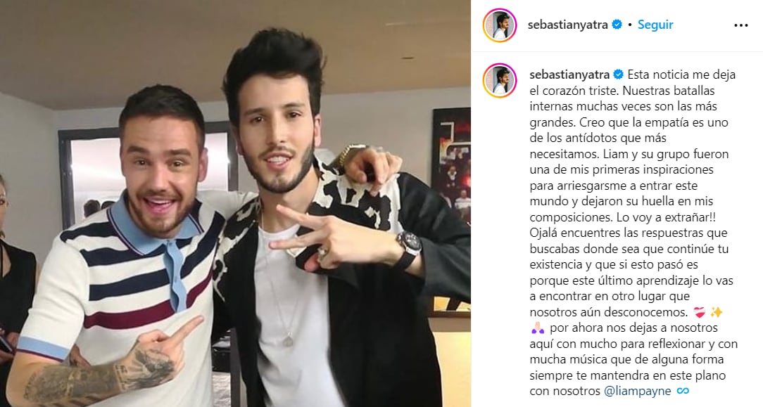 El colombiano envío un mensaje a Liam tras la repentina muerte del británico - crédito @sebastianyatra / Instagram