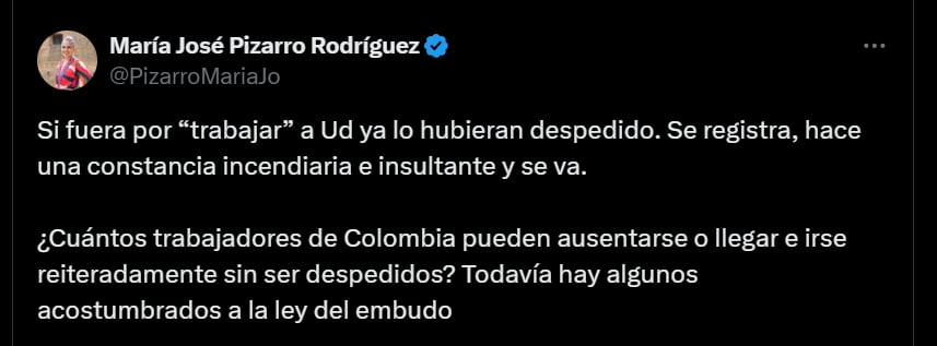 María José Pizarro cuestiona a Miguel Uribe Turbay - crédito @PizarroMariaJo/X