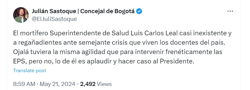 El concejal de Bogotá, Julián Sastoque, arremetió contra Luis Carlos Leal por crisis en el sistema de salud de los docentes - crédito @ElJuliSastoque/X