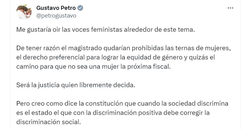 La terna fiscal que entregó Petro ha generado polémica, ante esto el presidente opinó - crédito @petrogustavo/cuenta X