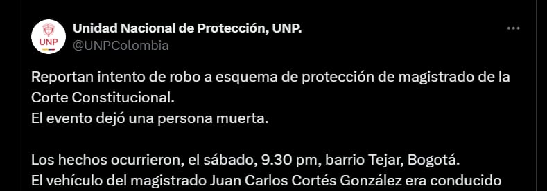 Reporte de la Unidad Nacional de Protección - crédito @UNPColombia/X