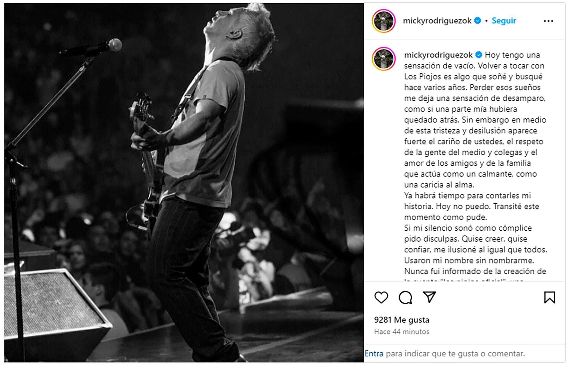 Con un duro texto, Micky Rodríguez anunció que no participará del regreso de Los Piojos (Instagram)