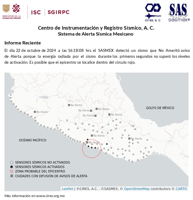 El Sasmex CDMX detectó un sismo proveniente de Guerrero, no ameritó la activación de la alerta sísmica (X/ @SASMEX)