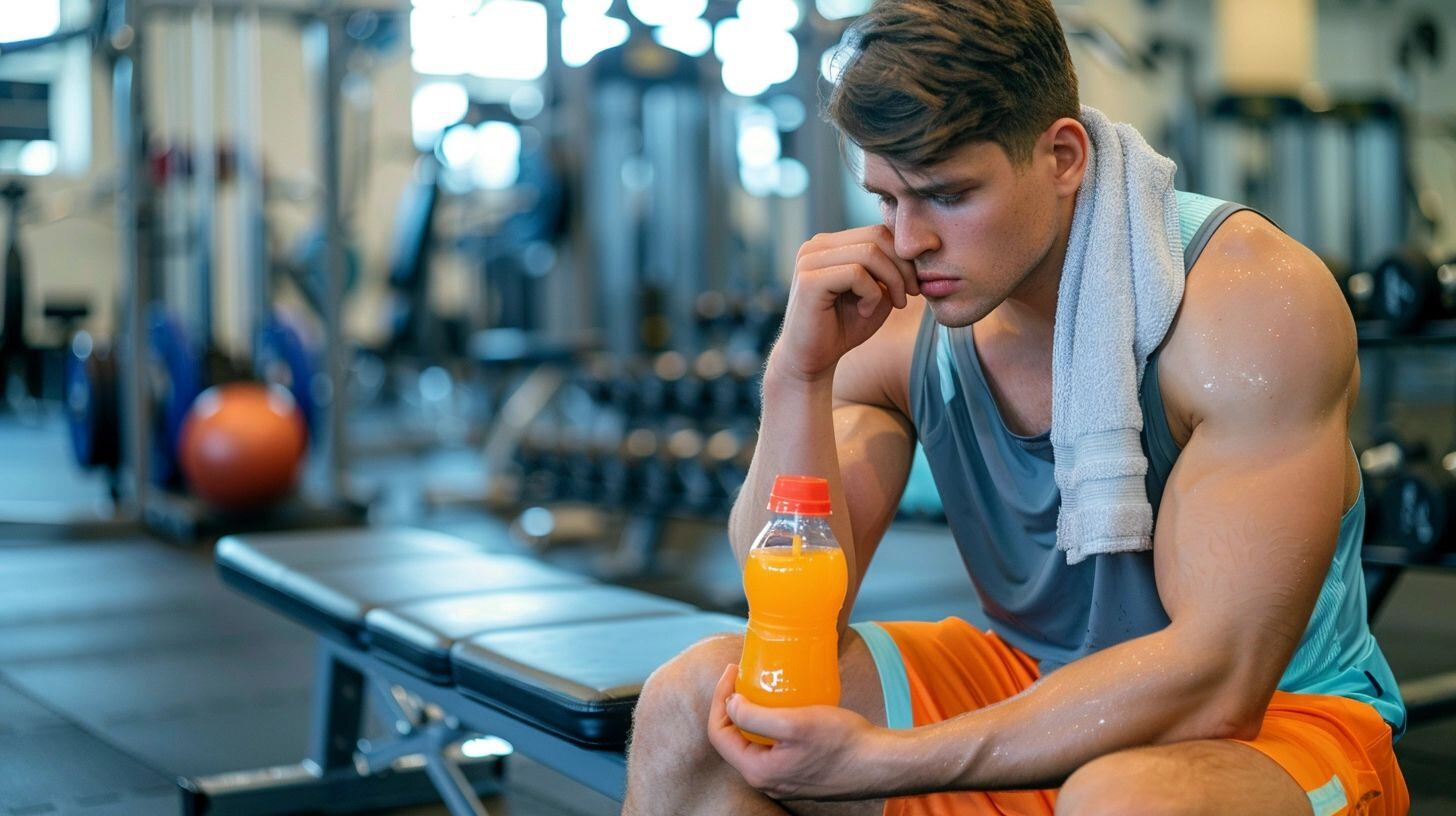 Hombre recobrando energías en un gimnasio mediante la hidratación con jugo de naranja, enfatizando la importancia de reponer líquidos y vitaminas después del ejercicio. La escena ilustra el compromiso con la salud y la vida sana, destacando la combinación de actividad física y nutrición balanceada como clave para el bienestar. (Imagen ilustrativa Infobae)