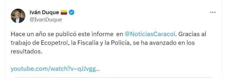 Tuit de Iván Duque, expresidente de Colombia, sobre escándalo de contrabando de petróleo.