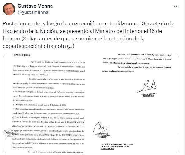 El posteo de Gustavo Menna