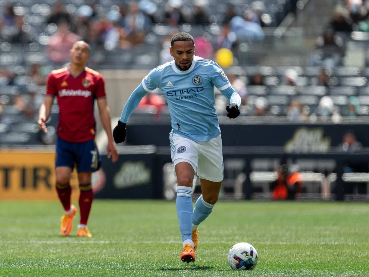 Alexander Callens (6) of NYCFC scored goal with header shot during MLS  regular season game against New England Revolution at Yankee stadium. Game  was played without fans because of COVID-19 pandemic precaution.