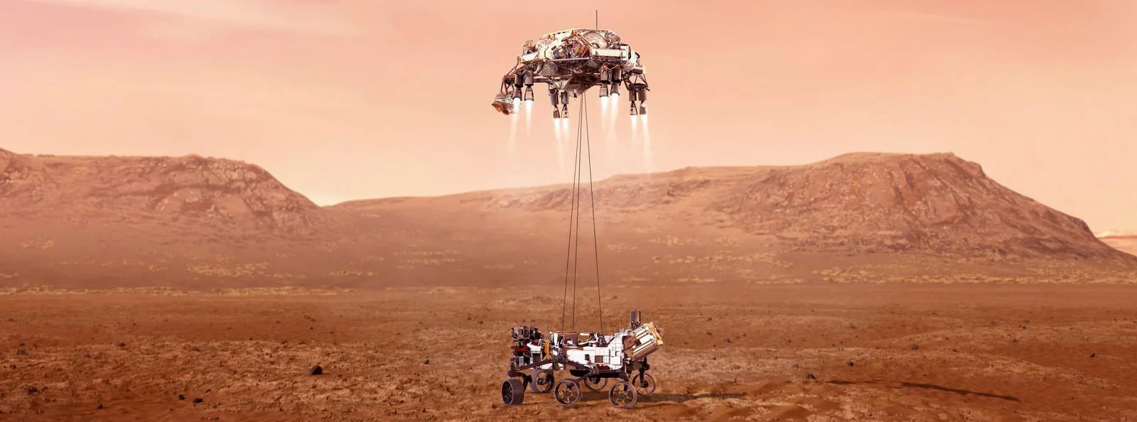 La espectacular llegada de Perseverance a Marte, con un sistema de retrocohetes y grúa (NASA)