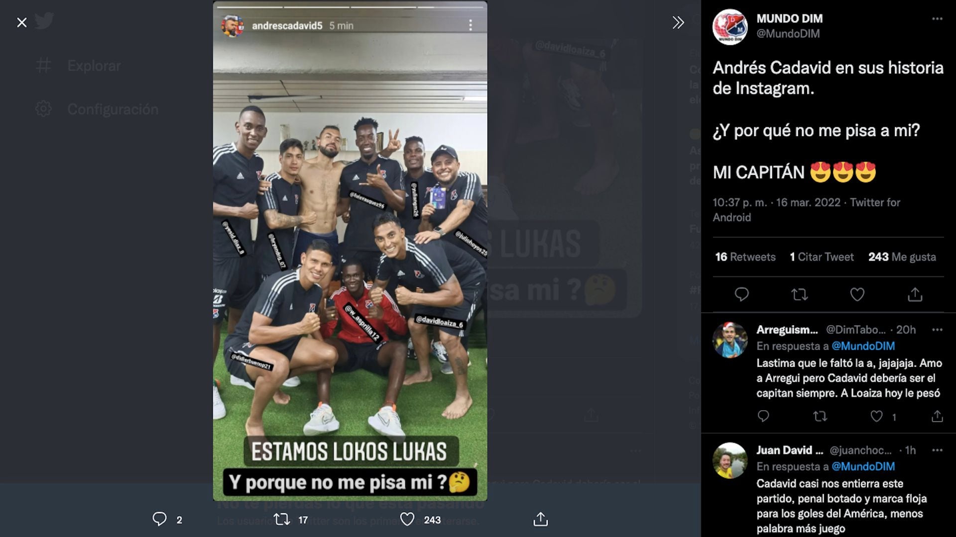 Histórias de Andrés Cadavid no Instagram após o pisar de Juan Carlos Osorio em Juan David Mosquera/ (Twitter: @MundoDIM)