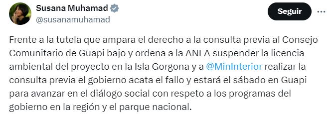 Susana Muhamad aseguró que el Gobierno nacional acatará el fallo del alto tribunal - crédito @susanamuhamad/X