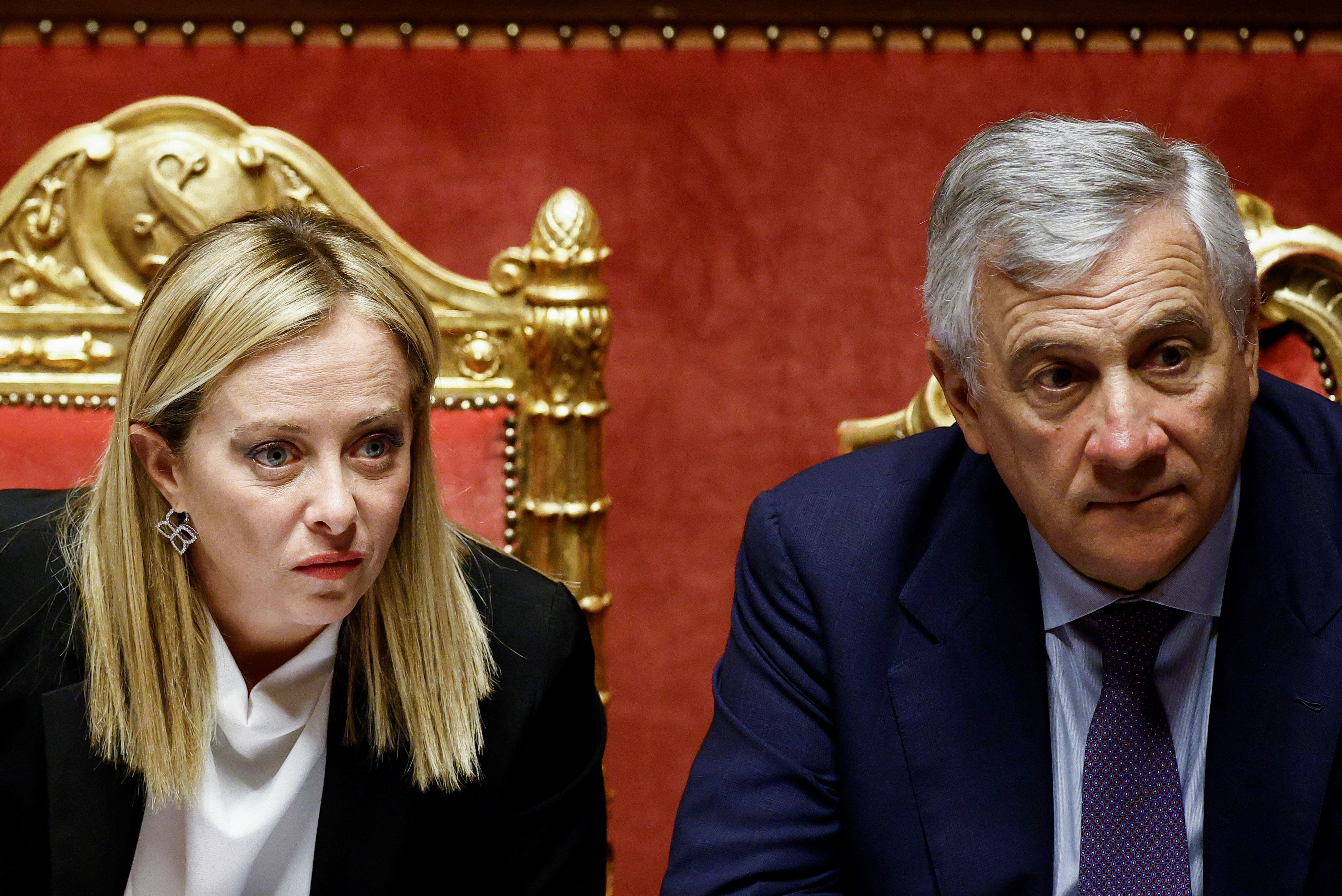 La primera ministra italiana, Giorgia Meloni, y el ministro de Asuntos Exteriores Antonio Tajani (REUTERS/Guglielmo Mangiapane)