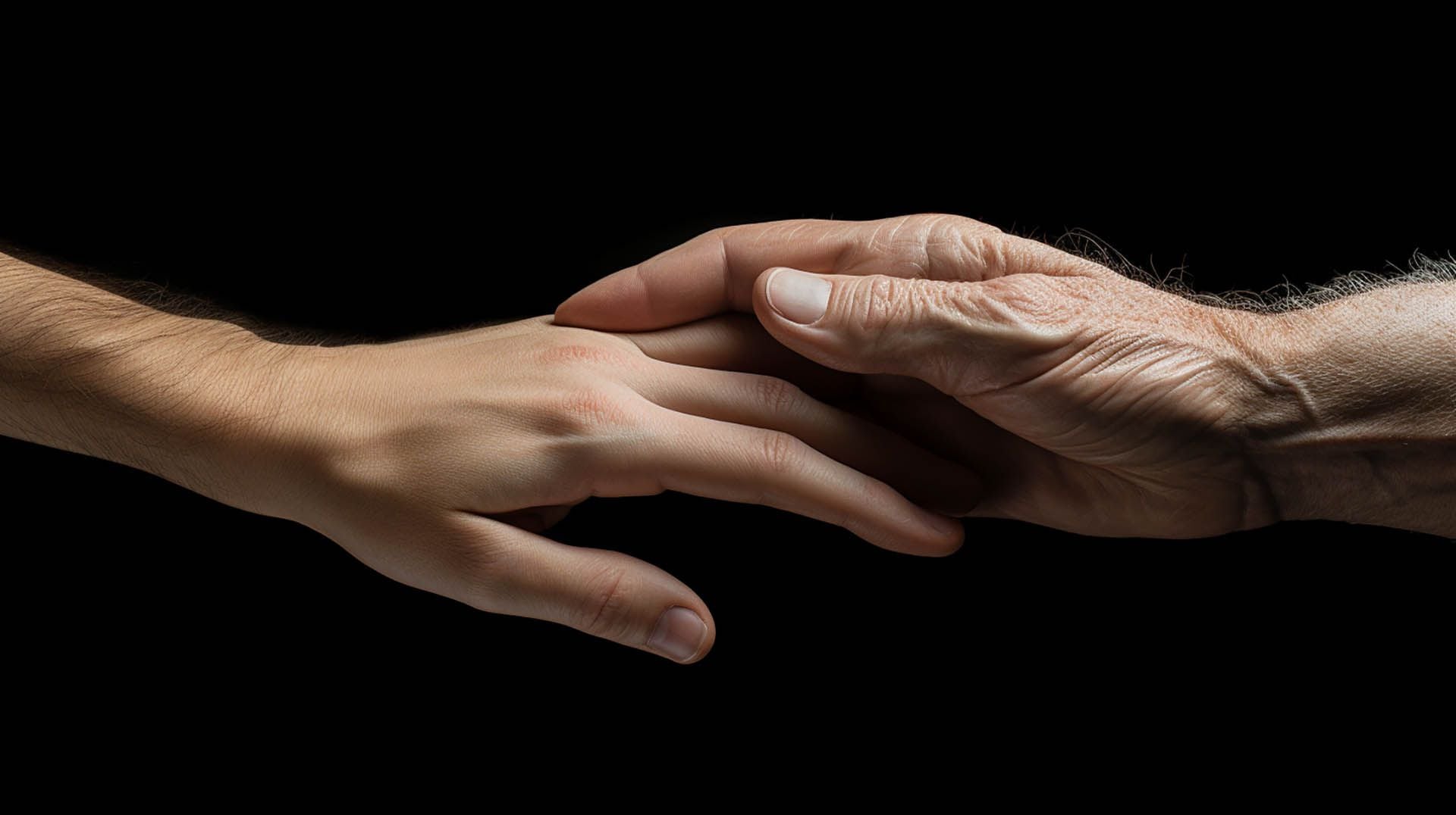 Una mano arrugada y envejecida tocando suavemente el dedo de una mano joven y tersa, representando la unión de generaciones y la esperanza de la ciencia en prolongar la vida.