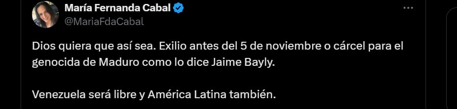 María Fernanda Cabal celebra noticias sobre ultimátum a Maduro, revelado por Jaime Bayly - crédito X