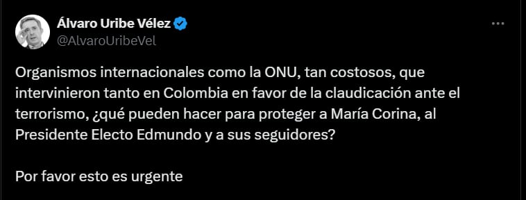 Expresidente Álvaro Uribe sobre la situación en Venezuela - crédito @AlvaroUribeVel/X