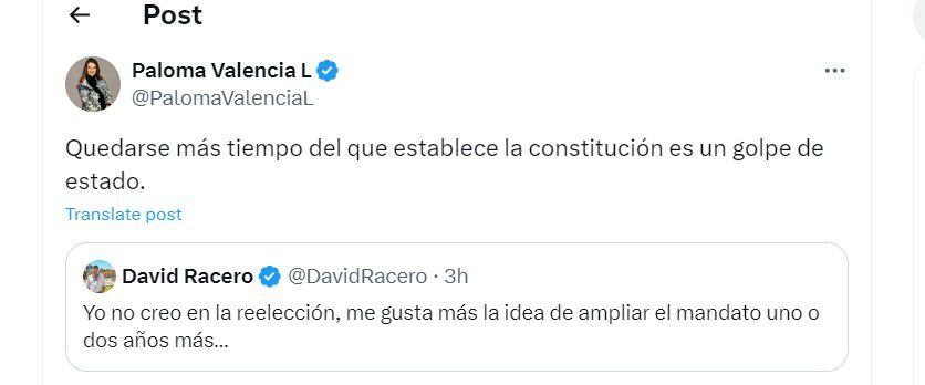 Paloma Valencia le respondió a David Racero en la red social X - crédito @PalomaValenciaL