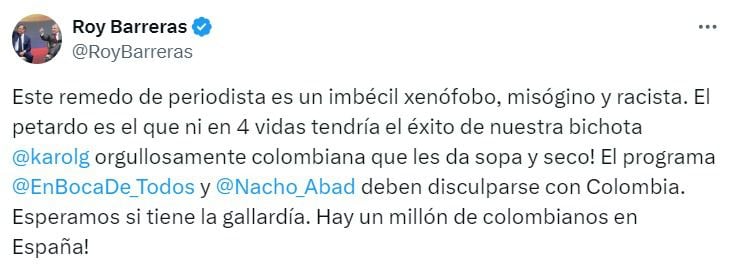 Roy Barreras se mostró contundente en la defensa de la cantante colombiana, criticando fuertemente a Nacho Abad por sus comentarios despectivos en un programa de televisión - crédito captura de pantalla X