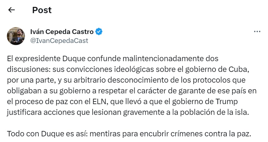 Iván Cepeda atacó a Iván Duque ante las acusaciones sobre el Gobierno de Cuba - red social X