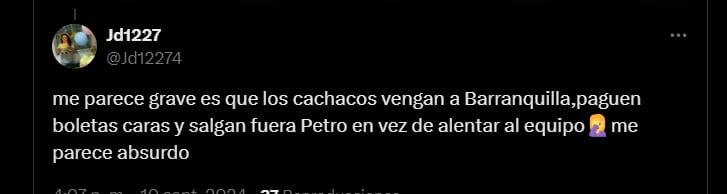 Muchos bogotanos viajaron a Barranquilla para asistir al partido y corear "Fuera Petro" - crédito redes sociales/X