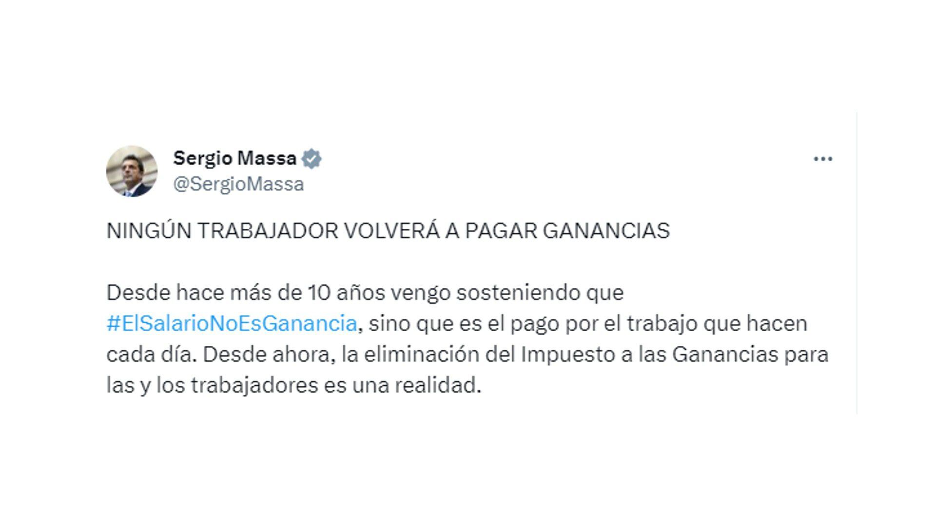 El mensaje de Sergio Massa tras la aprobación del nuevo régimen de Ganancias