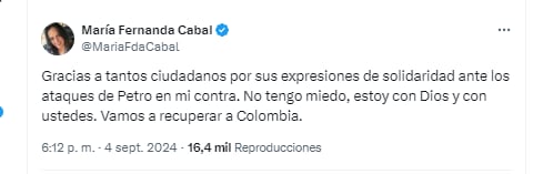 La senadora María Fernanda Cabal agradeció a la ciudadanía que la respaldó ante los "ataques" del presidente Gustavo Petro - crédito @MariaFdaCabal/X