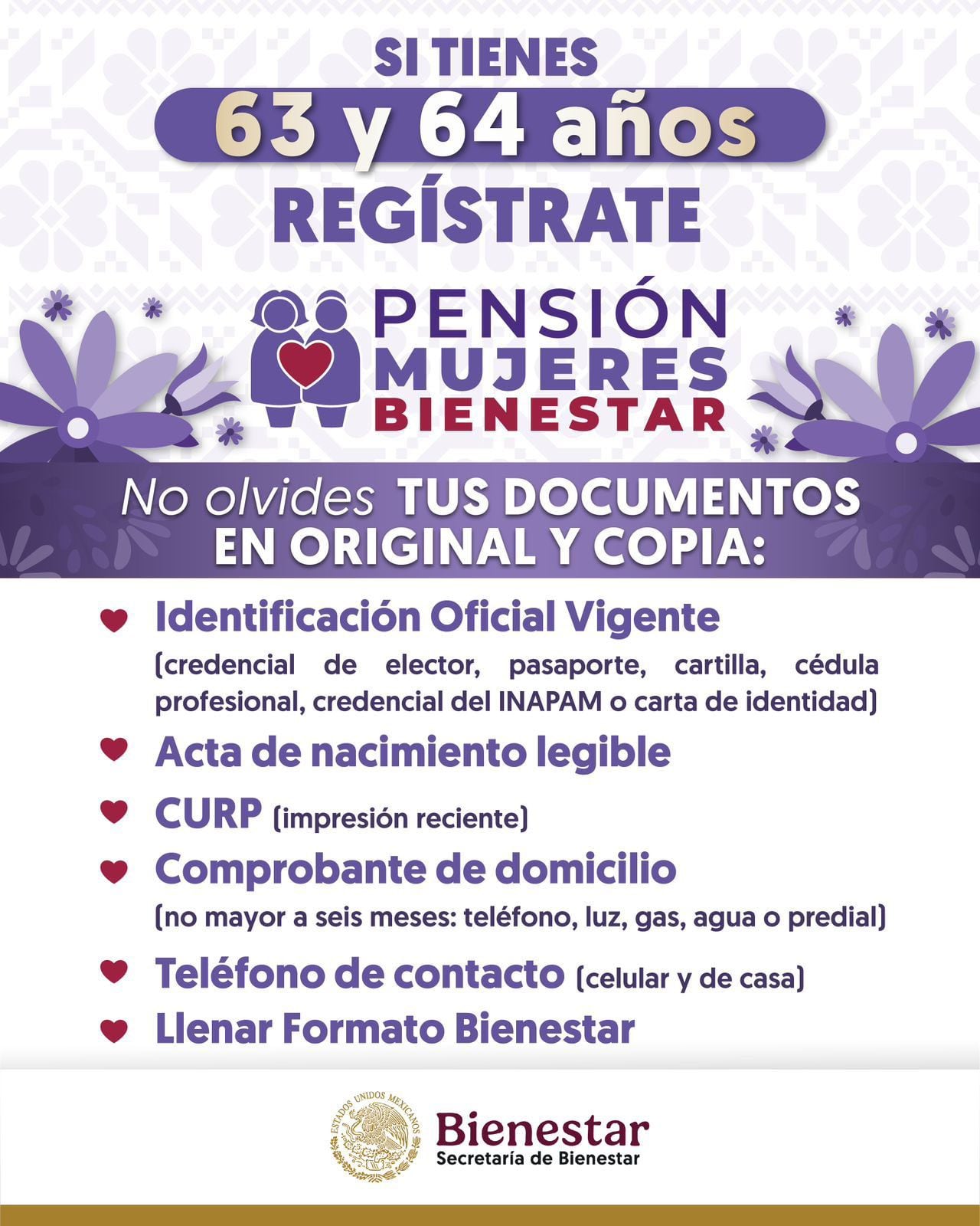 Este sábado 19 de octubre, todas las mujeres de 63 y 64 años pueden registrarse para recibir un apoyo económico de tres mil pesos bimestrales en los módulos del Bienestar, sin restricción por la inicial de su primer apellido.