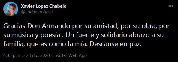 Mensaje de Xavier López sobre la muerte de Armando Manzanero (Foto: Twitter@chabelooficial)