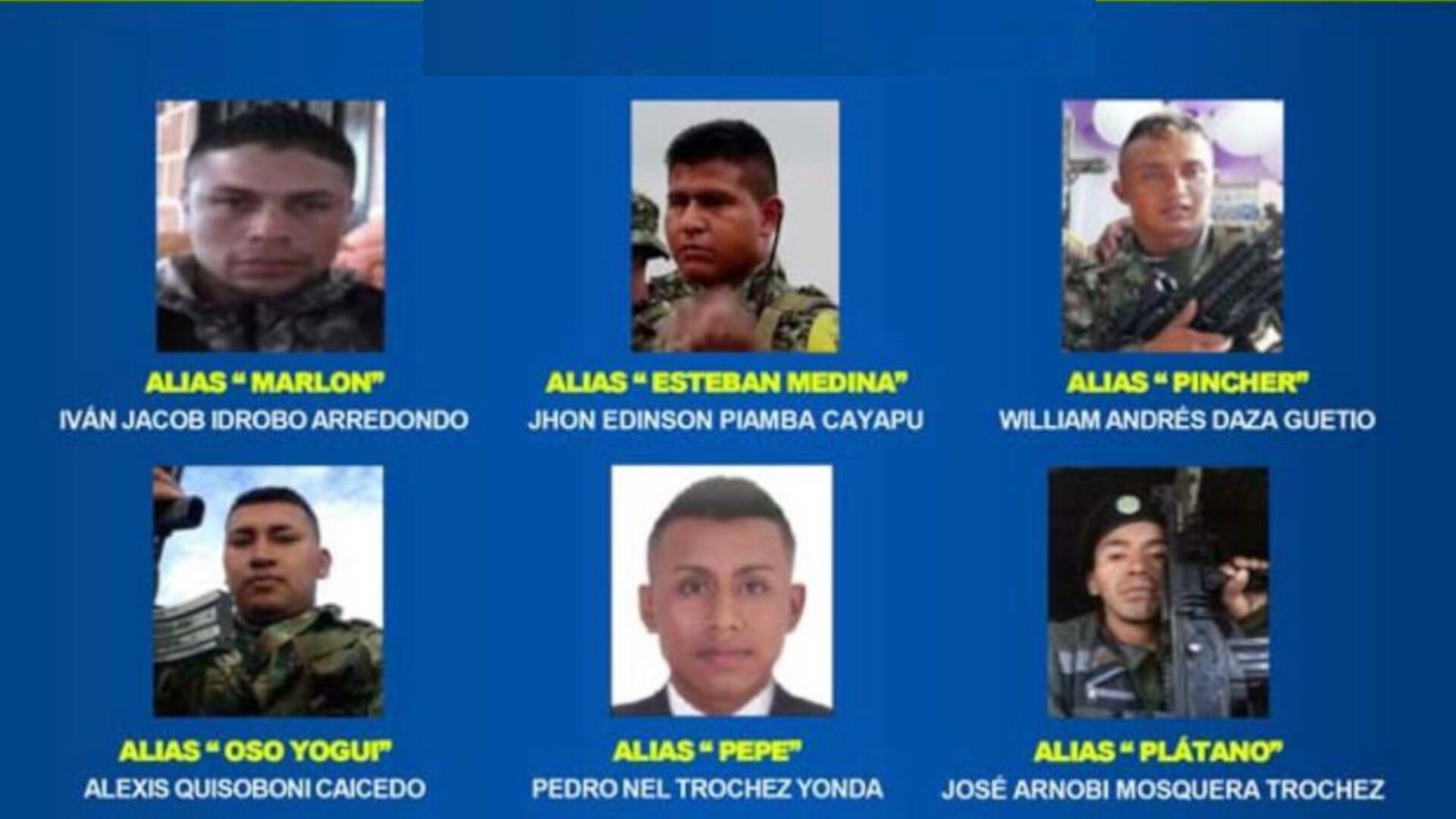 Cártel con los rostros de los jefes insurgentes que participaron en los atentados en Morales (Cauca) y Jamundí (Valle del Cauca). (Crédito: @mindefensa / X)