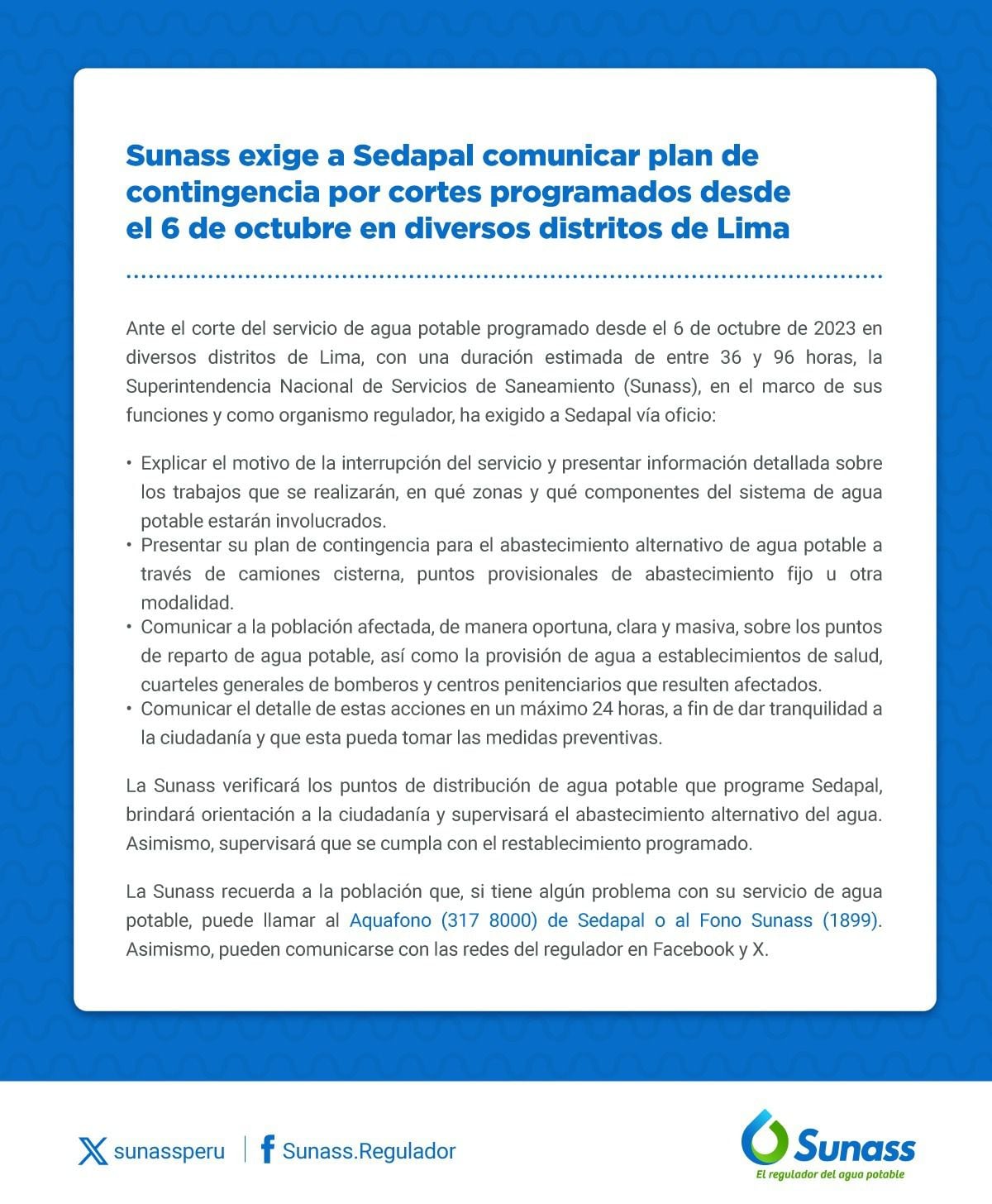 Sunass le da 24 horas a Sedapal para que informe sobre corte masivo de agua en Lima