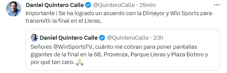 Con este trino, Daniel Quintero informó la noticia para los medellinenses. / Imagen @QuinteroCalle