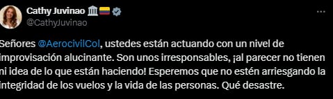 La congresista tachó de irresponsable a la Aerocivil - crédito @CathyJuvinao