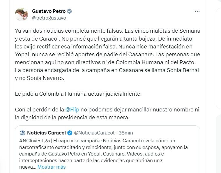 Con este trino en su cuenta de X (Twitter), el mandatario Gustavo Petro respondió la informe periodístico que habla de un supuesto apoyo a su campaña del narcotraficante Juan Carlos López Macías, alias "El Sobrino".